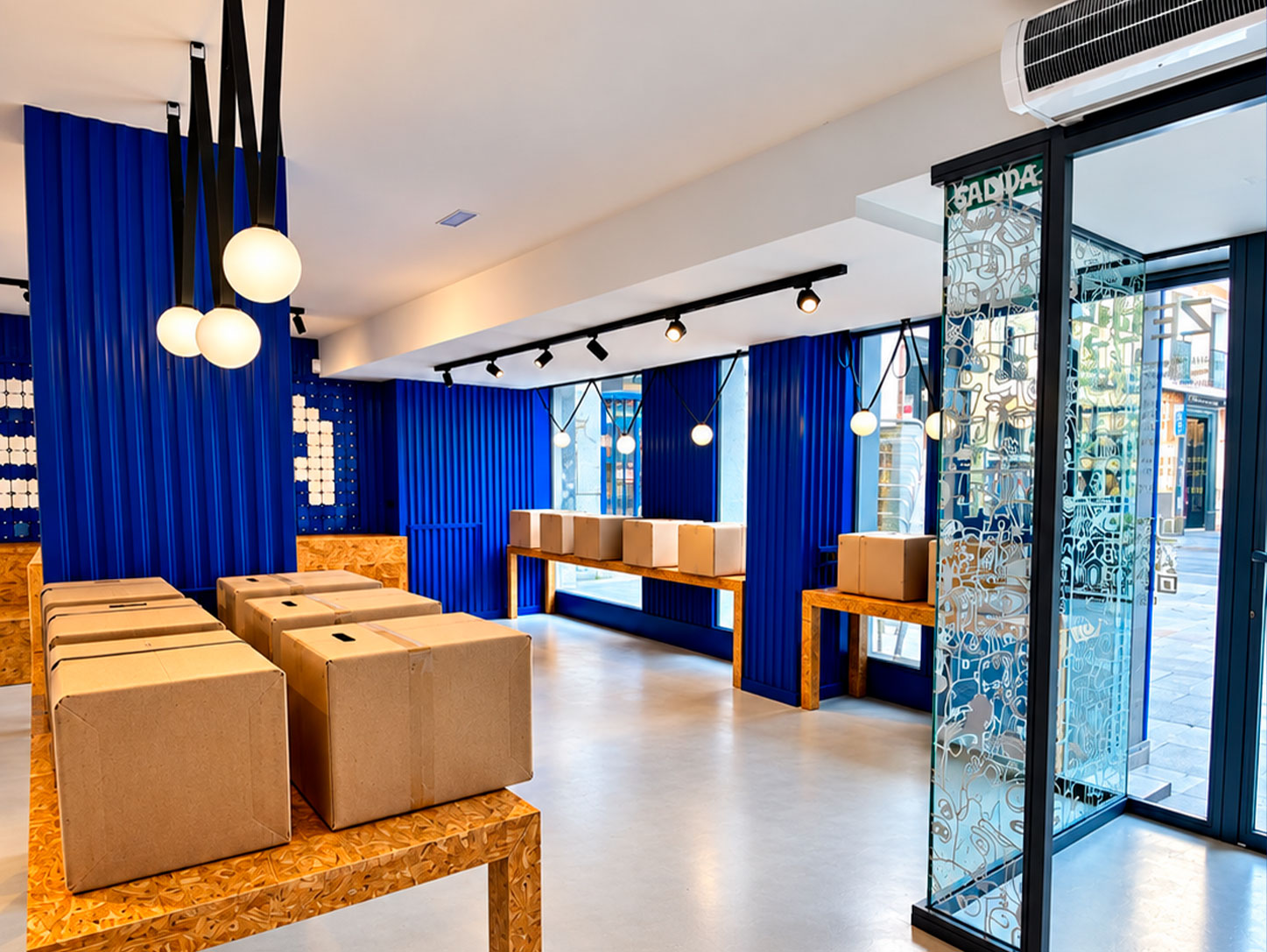 Sala con mesas de corcho, lámparas de globo y paredes azules
